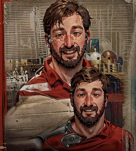 1boy, male focus, facial hair, solo, beard, shirt, earphones, realistic, brown hair, smile, mustache, red shirt, teeth, masterpiece, best quality,