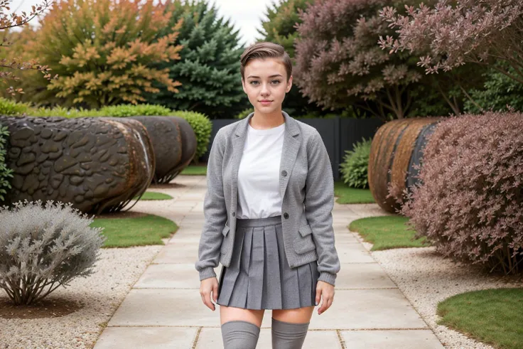 An 18 year old woman, 1girl, short brown hair, brown hair, short back and sides brown hair, tomboy, short hair, very short hair, brown eyes, grey clothes, grey blazer, grey jumper, short grey pleated skirt, knee high (((grey stockings))), standing up, looking at viewer, bokeh secret garden background, <lora:Tomboy0.6:0.9>, <lora:TomboyBuzzcut1-2-0805:0.5>