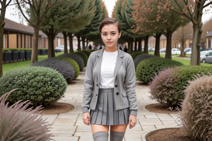 An 18 year old woman, 1girl, short brown hair, brown hair, short back and sides brown hair, tomboy, short hair, very short hair, brown eyes, grey clothes, grey blazer, grey jumper, short grey pleated skirt, knee high (((grey stockings))), standing up, looking at viewer, bokeh secret garden background, <lora:Tomboy0.6:0.9>, <lora:TomboyBuzzcut1-2-0805:0.5>