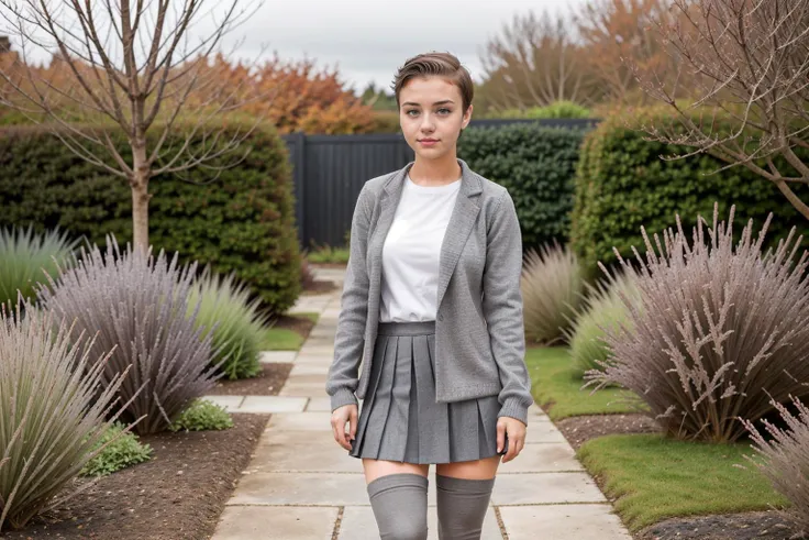 An 18 year old woman, 1girl, short brown hair, brown hair, short back and sides brown hair, tomboy, short hair, very short hair, brown eyes, grey clothes, grey blazer, grey jumper, short grey pleated skirt, knee high (((grey stockings))), standing up, looking at viewer, bokeh secret garden background, <lora:Tomboy0.6:0.9>, <lora:TomboyBuzzcut1-2-0805:0.5>