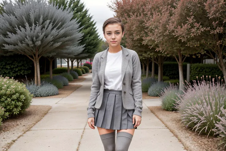 An 18 year old woman, 1girl, short brown hair, brown hair, short back and sides brown hair, tomboy, short hair, very short hair, brown eyes, grey clothes, grey blazer, grey jumper, short grey pleated skirt, knee high (((grey stockings))), standing up, looking at viewer, bokeh secret garden background, <lora:Tomboy0.6:0.9>, <lora:TomboyBuzzcut1-2-0805:0.5>