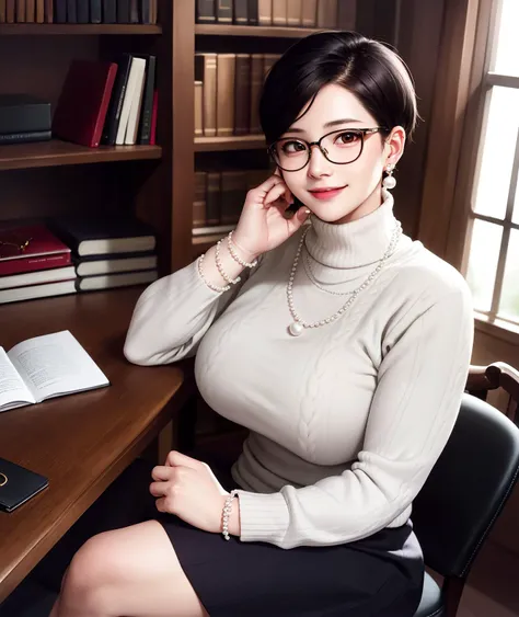volumetric lighting, perfect skin, realistic, photo, extreme detail, detailed face, masterpiece, best quality, 1girl, mature, cute, curvy, sitting, crossed legs, workroom, <lora:tomboyLora_realistic:0.85>, tomboy,((short hair)), pearl necklace, loop earings, smiling, bracelets, bookcase, eyewear removed, <lora:koreandolllikenessV20_v20:0.6>,turtleneck sweater, plait skirt