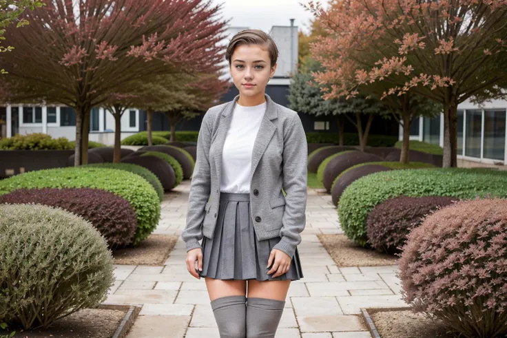 An 18 year old woman, 1girl, short brown hair, brown hair, short back and sides brown hair, tomboy, short hair, very short hair, brown eyes, grey clothes, grey blazer, grey jumper, short grey pleated skirt, knee high (((grey stockings))), standing up, looking at viewer, bokeh secret garden background, <lora:Tomboy0.6:0.9>, <lora:TomboyBuzzcut1-2-0805:0.5>