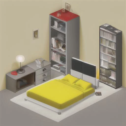 a photo of the nice Isometric_Dreams, a computer-generated image of a bedroom with (a grey bed:1.2), 3 white furniture and a brown dresser forming a desk, a mirror, a big stack of books on the ground, (red walls:1.2), yellow lightbulb