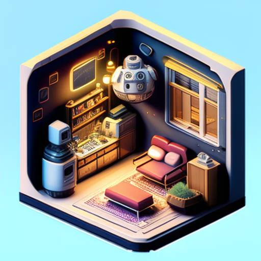 a photo of the nice Isometric_Dreams, a computer generated image of a house with a staircase leading to the bedroom and living room area, with a staircase leading to the bedroom