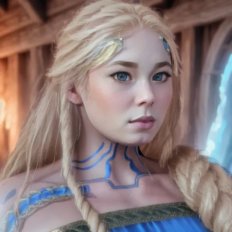 Sif, photorealistic, 4k, UHD, ((blonde hair over her left shoulder))), blue dress, blue eyes, <lora:Sif_GodofWar:1.1>