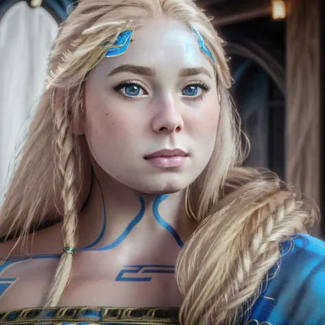 Sif, photorealistic, 4k, UHD, ((blonde hair over her left shoulder))), blue dress, blue eyes, <lora:Sif_GodofWar:1.1>