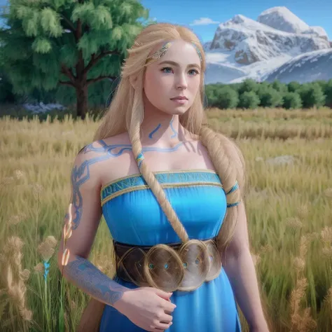 Sif, photorealistic, 4k, UHD, ((blonde hair over her left shoulder))), blue dress, blue eyes, full body view<lora:Sif_GodofWar:1>