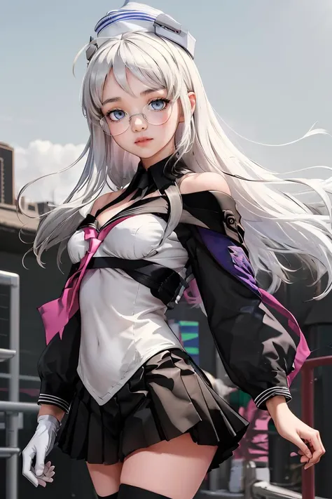 (masterpiece, best quality), 1girl, <lora:heywood:1> heywoodKC, 1girl, solo, long hair,skirt, shirt, thighhighs, gloves, long sleeves,white sleeves,school uniform, ahoge, pleated skirt, glasses, serafuku, white gloves, black skirt, sailor collar, off shoulder, neckerchief, white shirt, single glove,hat