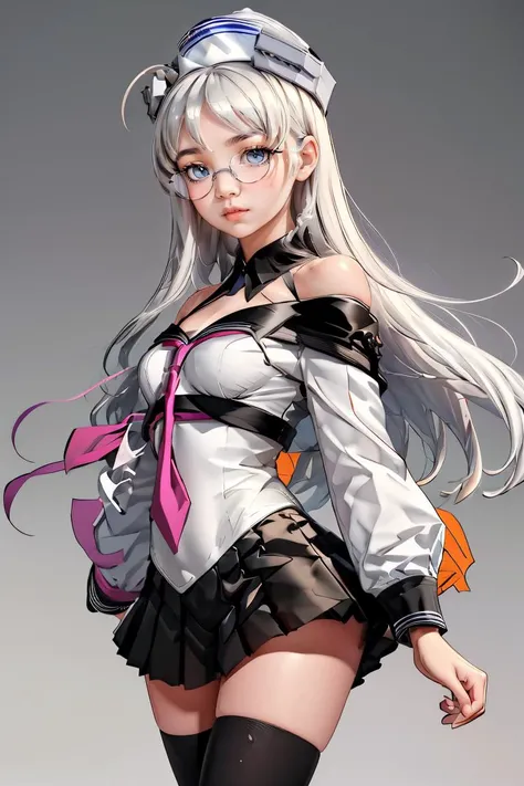 (masterpiece, best quality), 1girl,  <lora:heywood:1> heywoodKC, 1girl, solo, long hair,skirt, shirt, thighhighs, gloves, long sleeves,white sleeves,school uniform, ahoge, pleated skirt, glasses, serafuku, white gloves, black skirt, sailor collar, off shoulder, neckerchief, white shirt, single glove,hat