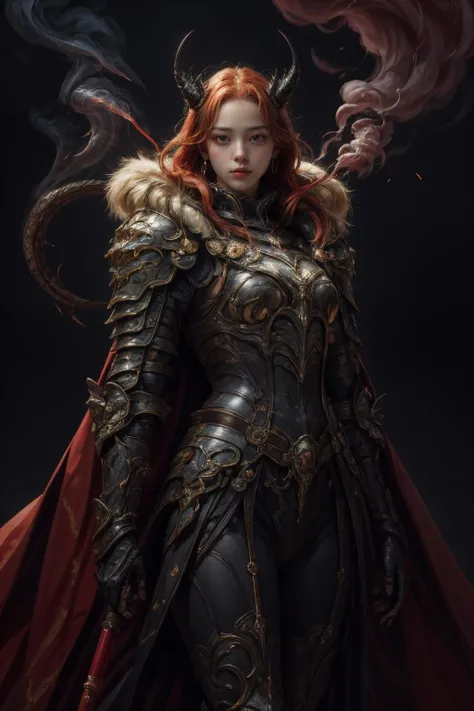 masterpiece, official art, unity 8k wallpaper, ultra detailed, beautiful and aesthetic, best quality, intricate details, portrait of the most beautiful form of chaos, elegant,(basaker:1.2), a brutalist designed, vivid colours, romanticism, by james jean, roby dwi antono, ross tran, francis bacon, michal mraz, adrian ghenie, petra cortright, gerhard richter, takato yamamoto, ashley wood, atmospheric, dynamic pose, dynamic angle
1girl, (red armor),(dragon horns), fur ,cape ,smile, extremely detailed,semi-realistic,(masterpiece, best quality:1.2)
(negative space), (limited colour palette), (dynamiccolour smoke:1.4)
dark studio, <lora:eclipse fire :0.3> <lora:knight_v4.1SD:0.9>