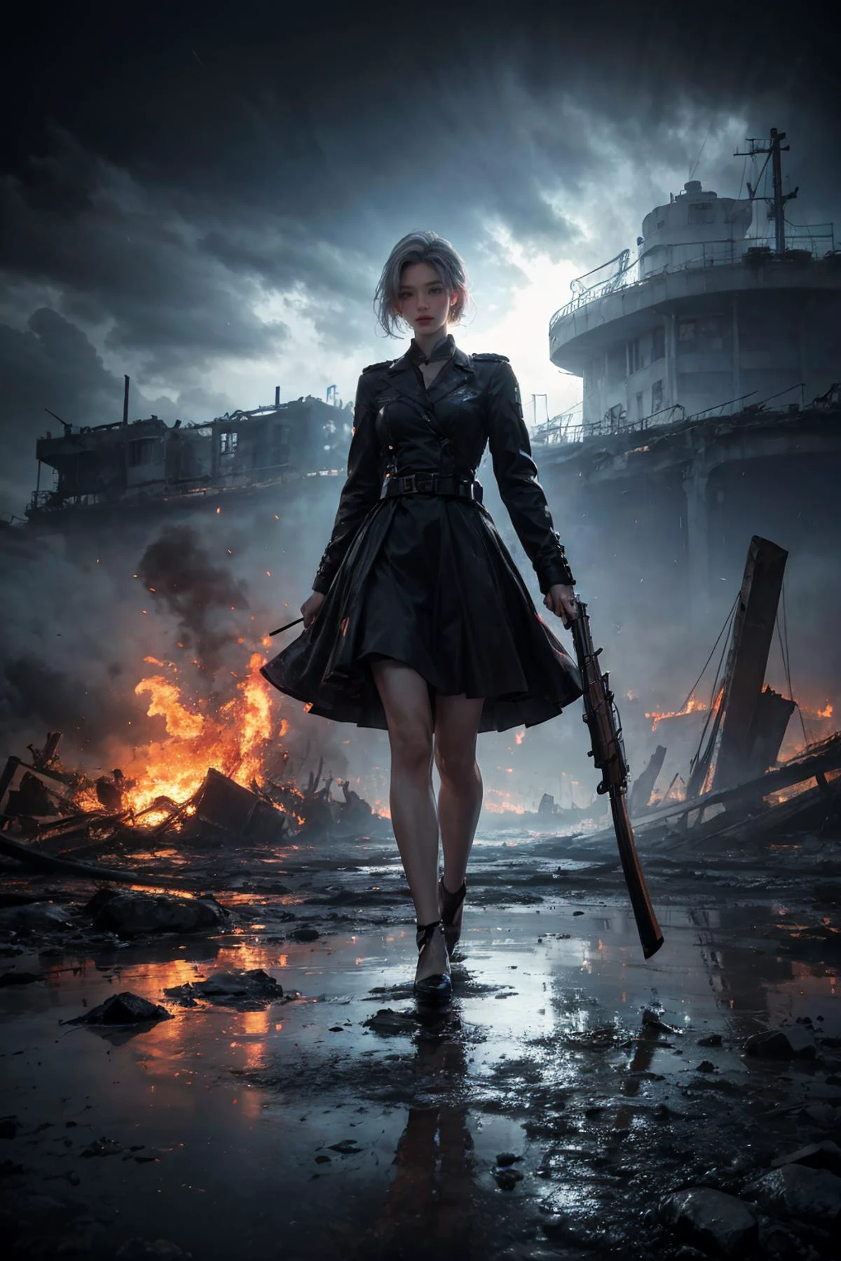 1girl,
heavy rain,
bfbfbf, fire, battlefield, Best quality, ultra high res, excellent composition, cinematic atmosphere, dynamic dramatic ambient light, weapon, welding mask, giant, pilot, pilot suit, explosion, blood from mouth, dirty face, blue hair, energy gun, blood on face, gun, midair, very long hair, giant monster, ammunition, goggles, mirage magic girls uniform, after battle, explosive, armor, long hair, grenade, looking to the side, damaged, handgun, smile, green eyes, blood, smoke, glowing, looking up, science fiction, monster, fire helmet, glowing hot, standing, goggles on head, blood from eyes,
masterpiece, aesthetic
<lora:æåºæ°å´v3:0.6>
