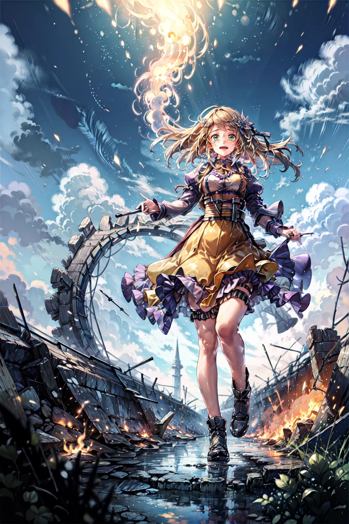<lora:Perrielle:0.84>, ((Perrielle Grum, long hair, blonde hair, green eyes, hair ornament, yellow dress, long sleeves, frilled dress)):1.24, ((crying, tears)),
BREAK 1woman, (young woman), adorable, clear face, solo, (((full body))):1.35, (curvy body),
BREAK soft light, light on face, cinematic lighting, detailed(shadow, lightning),
BREAK <lora:add_detail:0.6>, extremely detailed, CG, finely detail, (masterpiece, best quality):2.0,
BREAK <lora:uber_saggy2:0.67>, saggy, sagging_breasts, ((medium breasts)), <lora:Front face lighting åé¢ã©ã¤ãã¢ãã v2:0.5>,
<lora:gb_20231012163813:0.65>, detailed ruin castle, medieval, starry sky, cozy, wind, ((explosive, smoke, flame, fire)):1.1, <lora:20231216-1702730773920:0.55>,