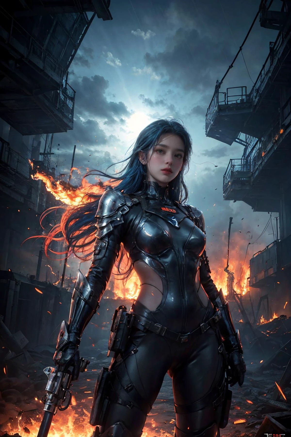 1girl,
heavy rain,
bfbfbf, fire, battlefield, Best quality, ultra high res, excellent composition, cinematic atmosphere, dynamic dramatic ambient light, weapon, welding mask, giant, pilot, pilot suit, explosion, blood from mouth, dirty face, blue hair, energy gun, blood on face, gun, midair, very long hair, giant monster, ammunition, goggles, mirage magic girls uniform, after battle, explosive, armor, long hair, grenade, looking to the side, damaged, handgun, smile, green eyes, blood, smoke, glowing, looking up, science fiction, monster, fire helmet, glowing hot, standing, goggles on head, blood from eyes,
masterpiece, aesthetic
<lora:æåºæ°å´v3:0.6>