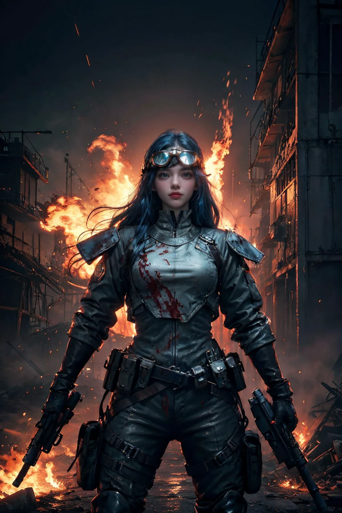 1girl,
heavy rain,
bfbfbf, fire, battlefield, Best quality, ultra high res, excellent composition, cinematic atmosphere, dynamic dramatic ambient light, weapon, welding mask, giant, pilot, pilot suit, explosion, blood from mouth, dirty face, blue hair, energy gun, blood on face, gun, midair, very long hair, giant monster, ammunition, goggles, mirage magic girls uniform, after battle, explosive, armor, long hair, grenade, looking to the side, damaged, handgun, smile, green eyes, blood, smoke, glowing, looking up, science fiction, monster, fire helmet, glowing hot, standing, goggles on head, blood from eyes,
masterpiece, aesthetic
<lora:æåºæ°å´v3:0.6>