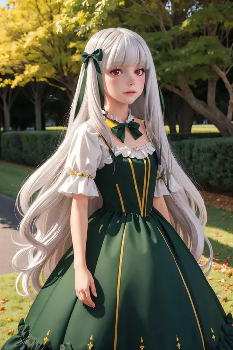 professional photo of sophia ascart, sliver hair, long hair, red eyes, ribbon, green dress, long dress, yellow bow, frills,
detailed skin, detailed eyes,
photo made with Canon EOS in natural style photography,
popular on artstation, popular on deviantart, popular on flicker,
<lora:SophiaAscart:0.68:MIDD>