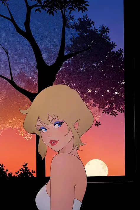holwod, 1girl, solo, looking at viewer, short hair, blue eyes, blonde hair, medium breasts, upper body,  makeup,  retro artstyle, 1980s (style) <lora:holwod:0.55>
glowing_eyes looking_at_viewer short_hair silhouette solo sunset tree wall window