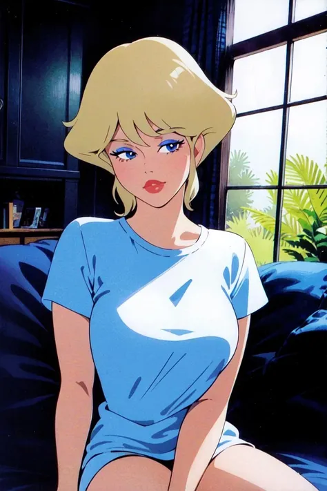 holwod, 1girl, solo, looking at viewer, short hair, blue eyes, blonde hair, medium breasts, upper body,  makeup,  retro artstyle, 1980s (style) <lora:holwod:0.55>
short_hair short_sleeves sitting sleeping smile solo t-shirt tree upper_body white_shirt window