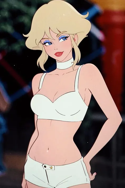 holwod, 1girl, solo, looking at viewer, smile, short hair, blue eyes, blonde hair, cleavage, bare shoulders, medium breasts, upper body, choker, blurry,  makeup,  retro artstyle, 1980s (style) <lora:holwod:0.55>
 outdoors pants shirt short_hair shorts sidelocks smile solo standing stomach sunlight taut_clothes tree two-tone_hair