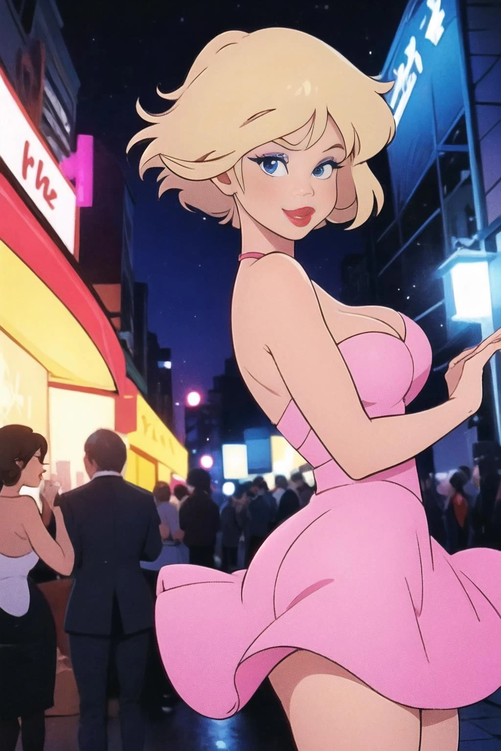 holwod, 1girl, solo, looking at viewer, smile, short hair, blue eyes, blonde hair, cleavage, bare shoulders, medium breasts, upper bod, makeup, retro artstyle, 1980s (style) <lora:holwod:0.55>, hot pink dress, at night, out at night, in the city, dancing, lip stick,
