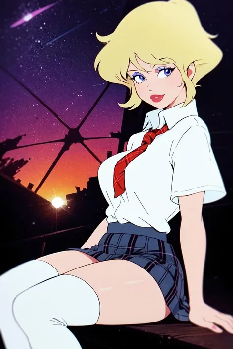 holwod, 1girl, solo, looking at viewer, short hair, blue eyes, blonde hair, medium breasts, upper body, makeup, retro artstyle, 1980s (style) <lora:holwod:0.55>
plaid plaid_skirt purple_eyes school_uniform shirt sitting skirt smile solo thighhighs white_shirt zettai_ryouiki
