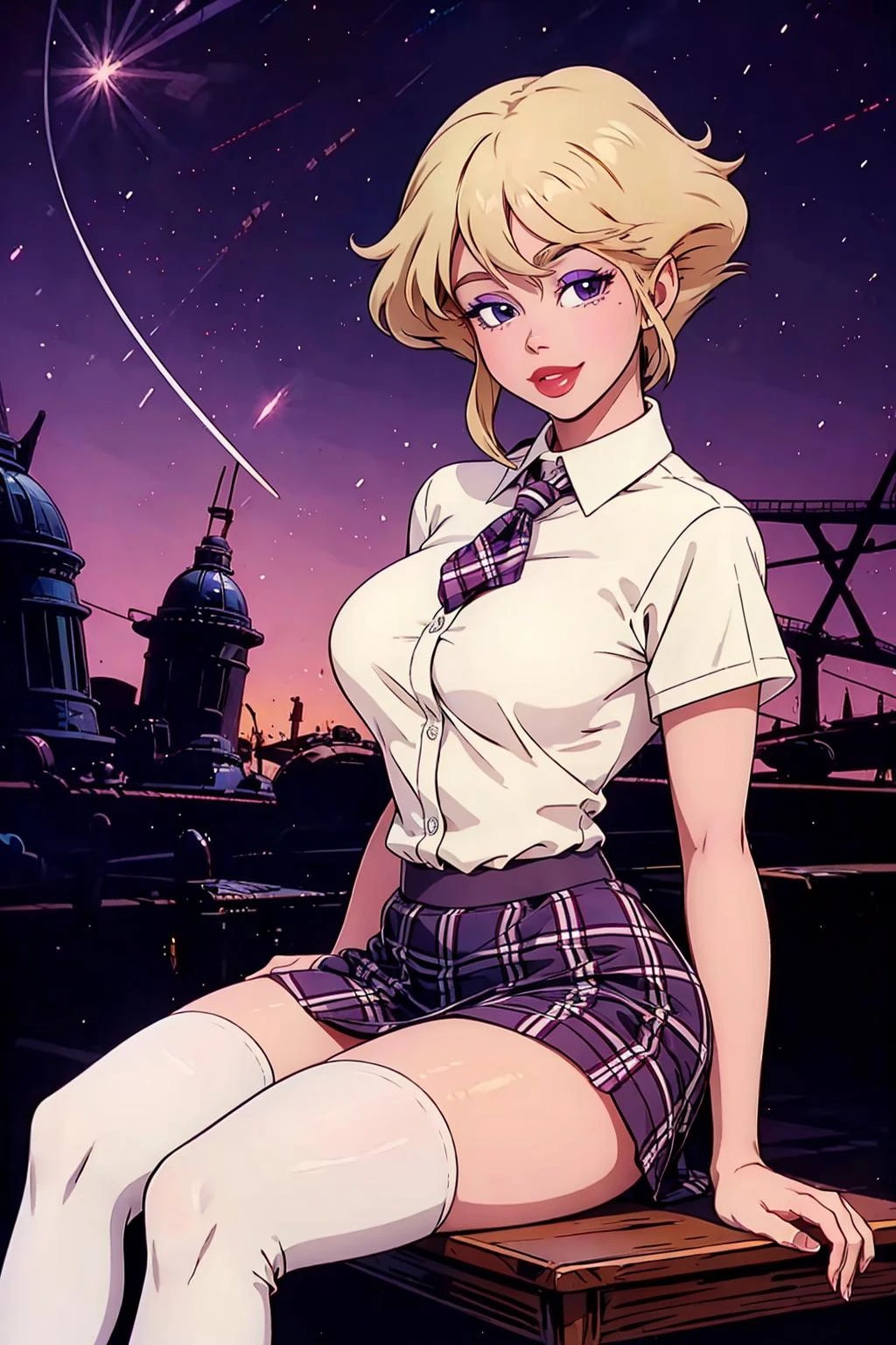 holwod, 1girl, solo, looking at viewer, short hair, blue eyes, blonde hair, medium breasts, upper body, makeup, retro artstyle, 1980s (style) <lora:holwod:0.55>
plaid plaid_skirt purple_eyes school_uniform shirt sitting skirt smile solo thighhighs white_shirt zettai_ryouiki