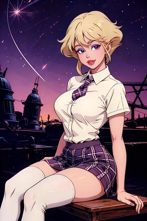 holwod, 1girl, solo, looking at viewer, short hair, blue eyes, blonde hair, medium breasts, upper body,  makeup,  retro artstyle, 1980s (style) <lora:holwod:0.55>
plaid plaid_skirt purple_eyes school_uniform shirt sitting skirt smile solo thighhighs white_shirt zettai_ryouiki