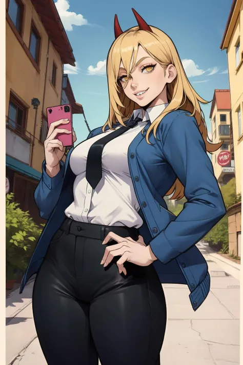 1girl, (solo:1.2), (standing:1.3), (posing for the camera:1.3), (cowboy shot:1.5), smile, happy, at ease, (curvy:1.2), (masterpiece:1.3), (best quality:1.3), (perfect anatomy:1.4), highly detailed, <lora:Yoshio (55level) [MockAI - v1.0]:1> 55level, semi-traditional artstyle, (clean lineart:1.3), (soft shading:1.2), expert shading, <lora:Power [justTNP - v1.0]:1> power \(csm\), sharp teeth, symbol-shaped pupils, cross-shaped pupils, blonde hair, yellow eyes, blue jacket, collared shirt, black necktie, black pants