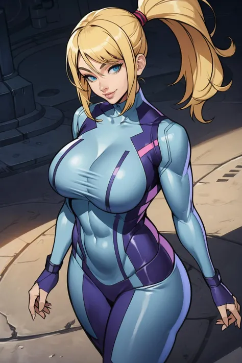 1girl, (solo:1.2), (standing:1.3), (posing for the camera:1.3), (cowboy shot:1.5), smile, happy, at ease, (curvy:1.2), (masterpiece:1.3), (best quality:1.3), (perfect anatomy:1.4), highly detailed, <lora:Yoshio (55level) [MockAI - v1.0]:1> 55level, semi-traditional artstyle, (clean lineart:1.3), (soft shading:1.2), expert shading, <lora:Samus Aran [novowels - v1.0]:0.8> samus aran, ponytail, hair tie, (blonde hair:1.2), blue eyes, large breasts, blue gloves, blue bodysuit, high heels