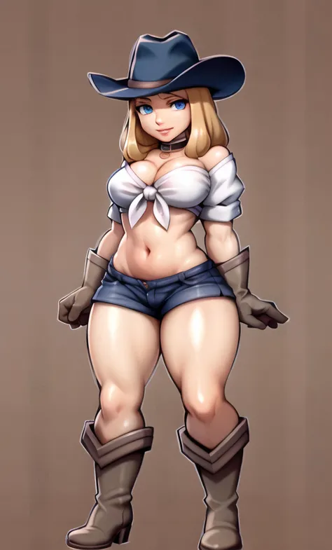 (American flag background:0.5), <lora:VenusInk3-000006:0.53>, short, full body, venusstarrts, blonde hair, dark blue hat, cowboy hat, blue eyes, shoulders, ruby choker, tied shirt, short shorts, thick thighs, brown gloves, cowboy boots, <hypernet:j9063DStyle_:0.2>, <lora:Squeezer2:0.6>,<lora:ThickCalves:0.4>
