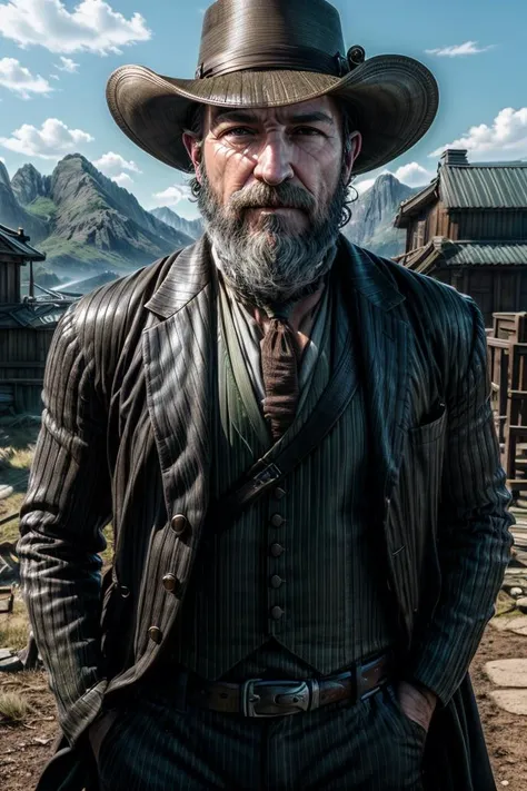 masterpiece, best quality, ultra-detailed, photo of MortNobody15   looking at viewer, solo, upper body, detailed face, (hell on wheels theme:1.1), 18th century wild west, american frontier, gunslinger,  bandana, holster, belt, vest, necklace, wild west era campfire in background, dust, tumbleweed,  sunshine, bright lighting, high noon, cinematic atmosphere, wind blowing,,, <lora:difConsistency_photo:0.5>, <lora:difConsistency_detail:0.35>, <lora:difConsistency_darktheme:0.35>