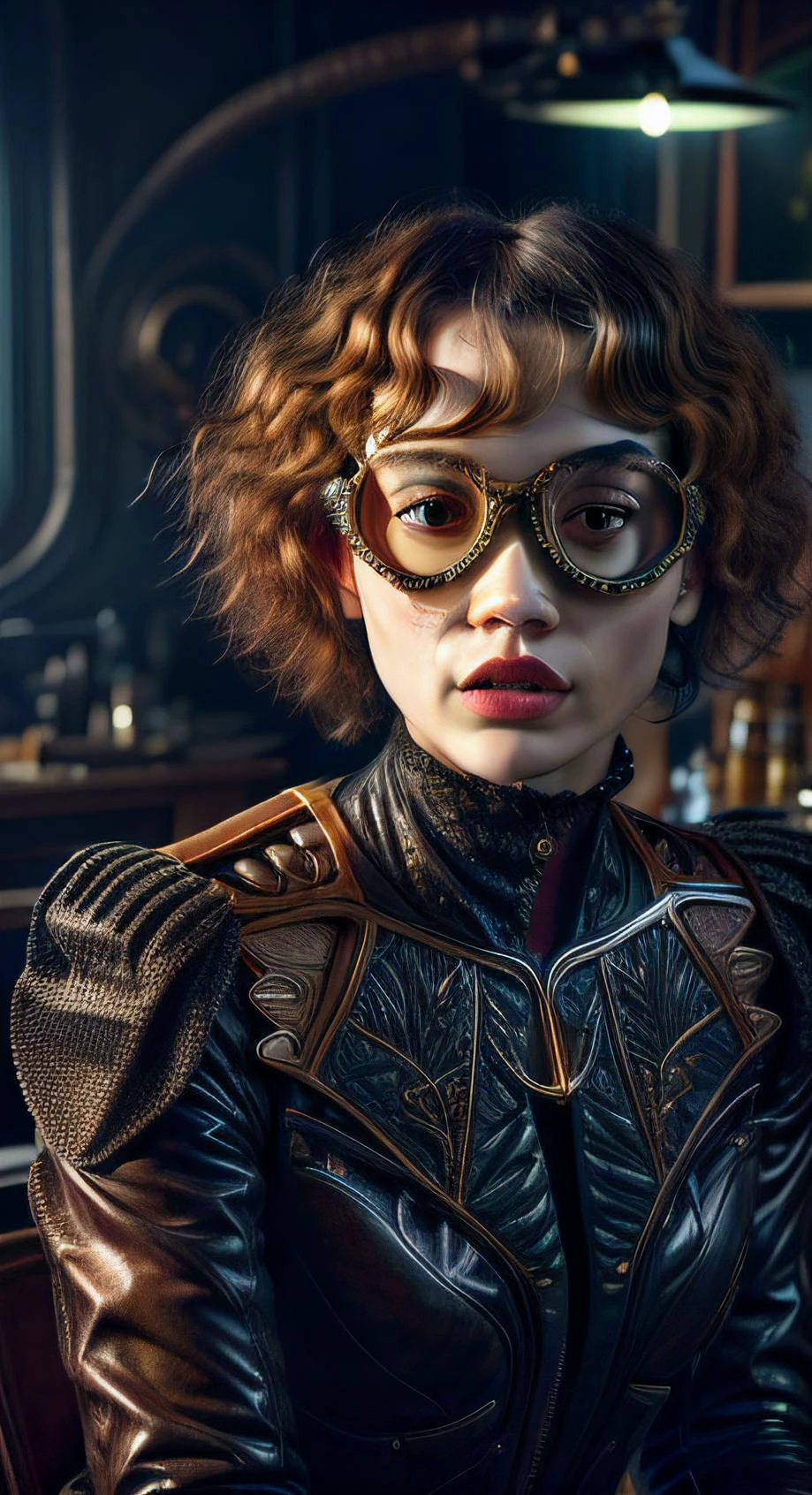 RoxieCipher,,portrait, solo, upper body, looking at viewer, detailed background, detailed face, (<lyco:SteamPunkBundleV3:0.5>, AetherpunkAI theme:1.1), secret agent, concealed, subterfuge, covert operation, intelligence, dynamic pose, Crimson spy clothes, goggles, secret facility in background, low light, cinematic atmosphere, (masterpiece, best quality, high quality, highres, ultra-detailed),, <lora:difConsistency_photo:0.5>, <lora:difConsistency_detail:0.35>, <lora:difConsistency_darktheme:0.35>