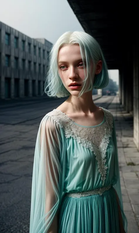 portrait of haute couture beautiful albino european fashion model with pale blue hair, ethereal dreamy foggy, photoshoot by Alessio Albi , editorial Fashion Magazine photoshoot, fashion poses, in front of brutalist building architecture. Kinfolk Magazine. Film Grain, BREAK <lora:difConsistency_photo:0.5>, film photoshoot, hazy background, smoky,film photo,,film grain,vintage photo with film grain, BREAK <lora:difConsistency_detail:0.8>, BREAK <lora:difConsistency_darktheme:0.5>