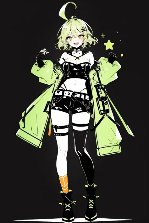 <lora:Solemn:1>, yozora mel, 1girl, solo, breasts, thighhighs, asymmetrical legwear, virtual youtuber, uneven legwear, gloves, single thighhigh, hair ornament, ahoge, navel, fingerless gloves, bat hair ornament, shorts, blonde hair, highleg panties, short hair, full body, highleg, choker, single sock, socks, black gloves, single kneehigh, thigh strap, black choker, simple background, underbust, white background, open mouth, cleavage, cross-laced clothes, looking at viewer, midriff, fang, hairclip, short shorts, short sleeves, bare shoulders, smile, collarbone, garter straps, panties, underwear, black panties, detached sleeves, boots, blush, skin fang, overskirt, kneehighs, revealing clothes, black footwear, belt, vampire, crop top, bustier, medium breasts, ankle boots, bangs, large breasts, cross-laced footwear, see-through, yellow eyes, frills, standing, bow, orange eyes, strapless, black thighhighs, black shorts, :d, hands up