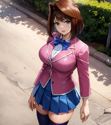 masterpiece, best quality, highres,aamazaki, (antenna hair:1.2), medium breasts, blue bowtie, pink jacket, blazer, long sleeves, blue skirt, pleated skirt,thighhighs,large breasts <lora:mazaki_anzu_v1:0.7>, cowboy shot, standing, outdoors,full body,