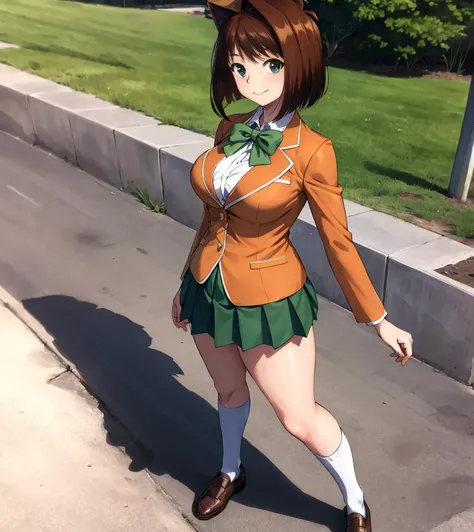 masterpiece, best quality, highres,aamazaki, (antenna hair:1.2), medium breasts,green bow, orange jacket, blazer, long sleeves, green skirt, pleated skirt,large breasts <lora:mazaki_anzu_v1:0.7>, cowboy shot, standing, outdoors,smile,closed mouth,(full body:1.5),socks,