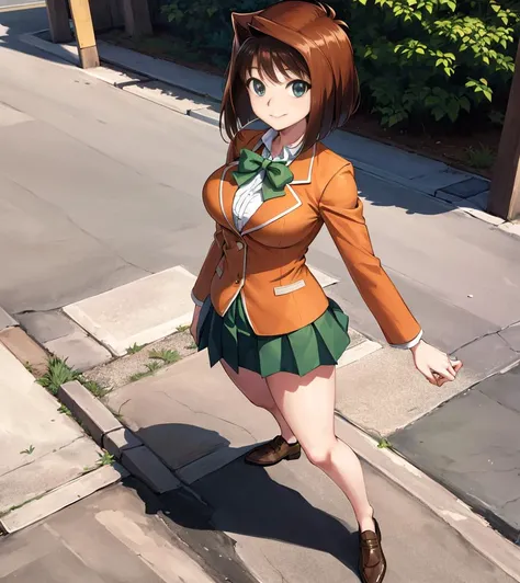 masterpiece, best quality, highres,aamazaki, (antenna hair:1.2), medium breasts,green bow, orange jacket, blazer, long sleeves, green skirt, pleated skirt,large breasts <lora:mazaki_anzu_v1:0.7>, cowboy shot, standing, outdoors,smile,closed mouth,(full body:1.5),