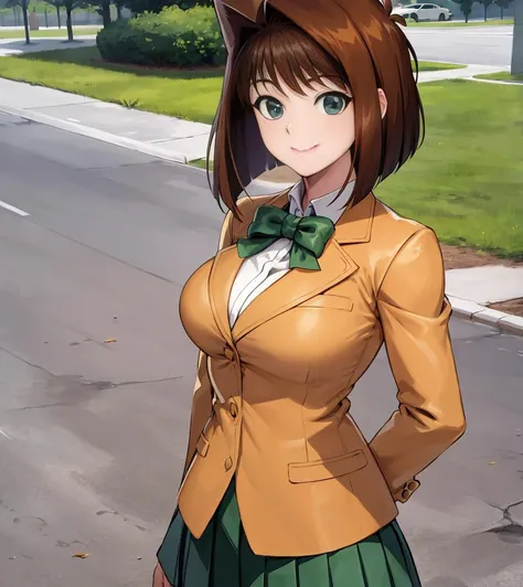 masterpiece, best quality, highres,aamazaki, (antenna hair:1.2), medium breasts,green bow, orange jacket, blazer, long sleeves, green skirt, pleated skirt,large breasts <lora:mazaki_anzu_v1:0.7>, cowboy shot, standing, outdoors,smile,closed mouth,full body,