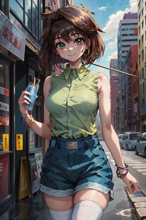 masterpiece,best quality,1girl,mazaki anzu,aamazaki,(antenna hair:1.2),medium breasts,green shirt,sleeveless,bracelet,belt,blue shorts,white thighhighs,thighs,smile,cityscape,street,<lora:CHAR-yugioh-Mazaki Anzu_v1-h_madoka:0.7>,