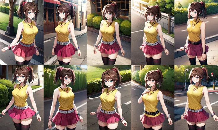 masterpiece, best quality, highres, bbmazaki, ponytail, hair scrunchie, necklace, yellow shirt, sleeveless, bracelet, belt, miniskirt, pink skirt, black thighhighs, <lora:mazaki_anzu_v1:0.7>, outdoors, cowboy shot, standing