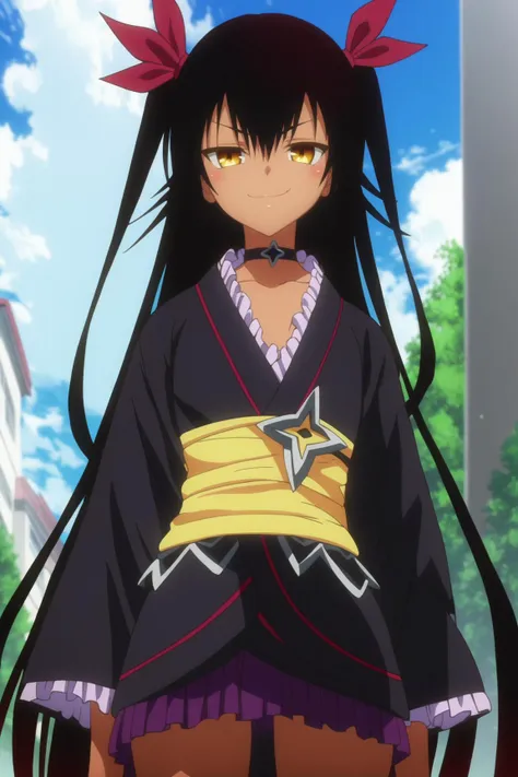 1girl, master_nemesis, to love-ru darkness, black hair, very long hair, yellow eyes, dark skin, hair ribbon, smug, kimono, obi, sash, violet miniskirt, choker, ribbon, 
score_9, score_8_up, score_7_up, source_anime, very aesthetic,  absurdres, rating explicit,  <lora:master_nemesis_ponyv6:1>,   anime screencap, anime coloring, yabuki kentarou,