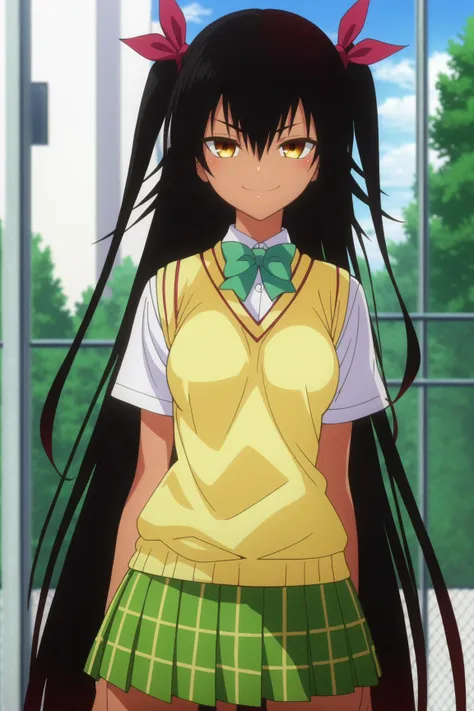 1girl, master_nemesis, to love-ru darkness, black hair, very long hair, yellow eyes, dark skin, smug, hair ribbon,  sainan high school uniform, plaid skirt, sweater, bowtie, short sleeves, 
score_9, score_8_up, score_7_up, source_anime, very aesthetic, absurdres, rating explicit,  <lora:master_nemesis_ponyv6:1>,   anime screencap, anime coloring, yabuki kentarou,