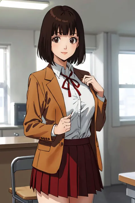 <lora:Kizuki - Prison School - Kurihara Chiyo:1>kurihara chiyo, bob cut, brown hair, brown eyes, bangs, blunt bangs,
school uniform, brown jacket, white shirt, red ribbon, large breasts,mini skirt,
(best quality, masterpiece, RAW photo,ultra-detailed:1.2), <lyco:GoodHands-beta2:1.0>,1girl,solo,looking at viewer,smile
