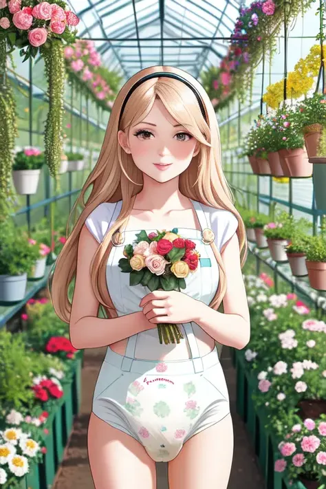 high quality, bokeh, 1girl, vertical portrait, a young woman, gardener, (diaper:1.2), overalls. inside a lush greenhouse with lots of flowers, holding a bundle of roses