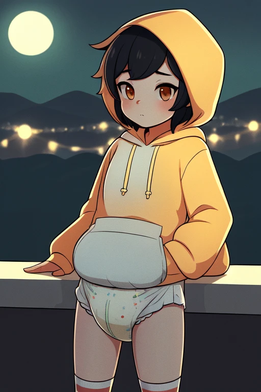 high quality, bokeh, solo, ((boy)), (wearing a diaper), ((diaper tapes)), striped stockings, moon behind the character, (wearing a hoodie)