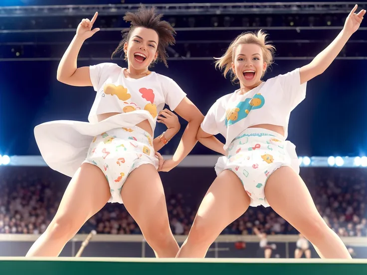 high quality, mid shot, duo, man and female, on stage, live aid, concert, diaper, bambino allover pattern