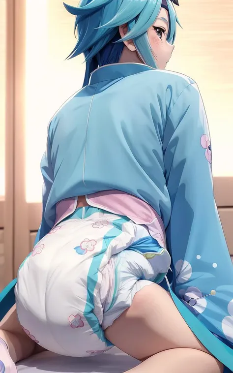 (anime boy from Genshin Impact:1.2), feminine, (Pooped diaper:1.2), Blue Long Hair, Wearing Kimono, cutesy face, cutesy eyes, high quality, anime style art, anime, From Behind POV, Looking Back, blushing, embarrassed