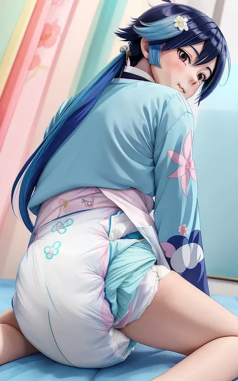 (anime boy from Genshin Impact:1.2), feminine, (Pooped diaper:1.2), Blue Long Hair, Wearing Kimono, cutesy face, cutesy eyes, high quality, anime style art, anime, From Behind POV, Looking Back, blushing, embarrassed