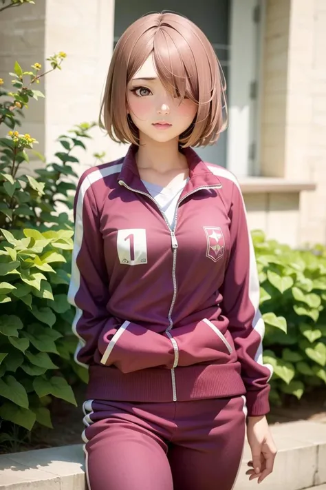 (realistic:1.5),1 girl,solo,(hoshinomiyako:1.1), red tracksuit <lora:hoshinomiyako:1>