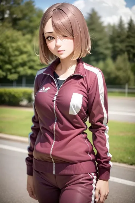 (realistic:1.5),1 girl,solo,hoshinomiyako ,red tracksuit <lora:hoshinomiyako:1>